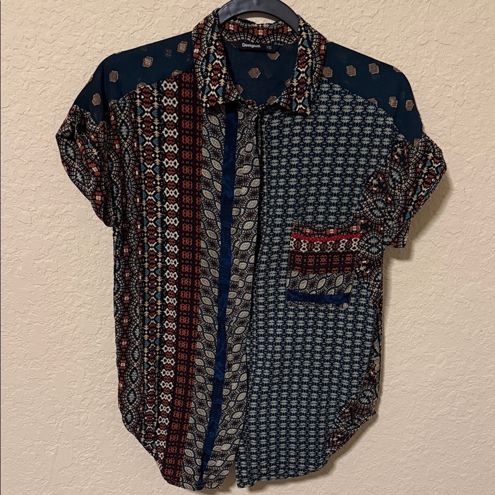 Desigual Navy Multi-Pattern Short-Sleeve Button-Down Shirt